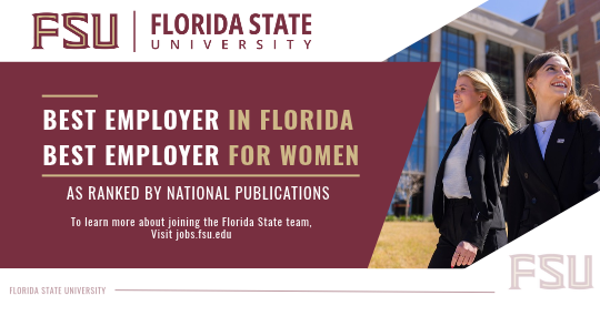 Florida State University employment advertisement highlighting national recognition as a best employer in Florida and for women, with a link to career opportunities at jobs.fsu.edu.